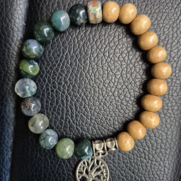 Tree Of Life Braclet! Handmade With Natural Moss Agate And Mala Beads! - Picture 8 of 12